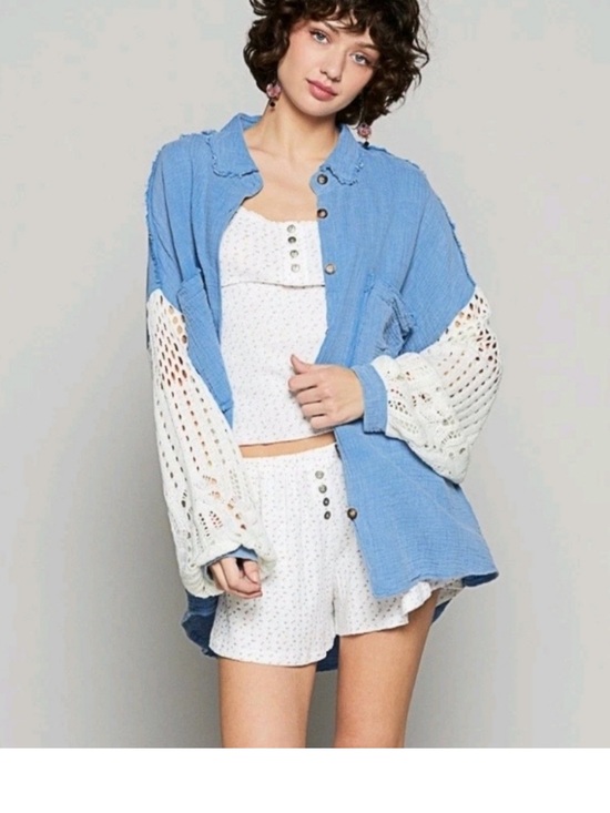 POL Tops - POL Clothing Blue Cotton Gauze Crochet Sleeve Button Up